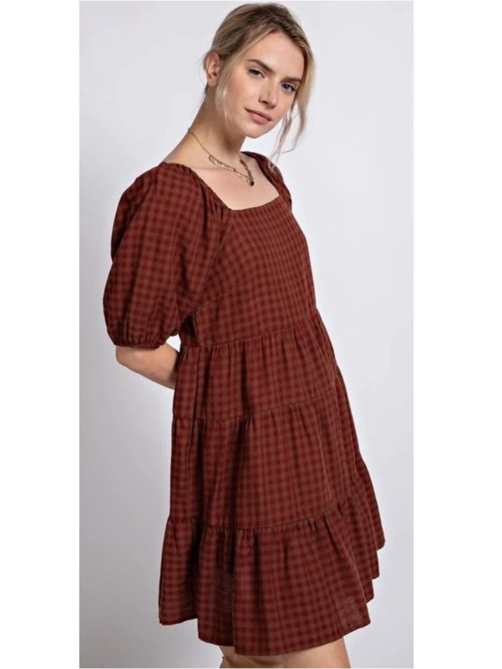 Easel Gingham Babydoll Cotton Mini Dress New Medium